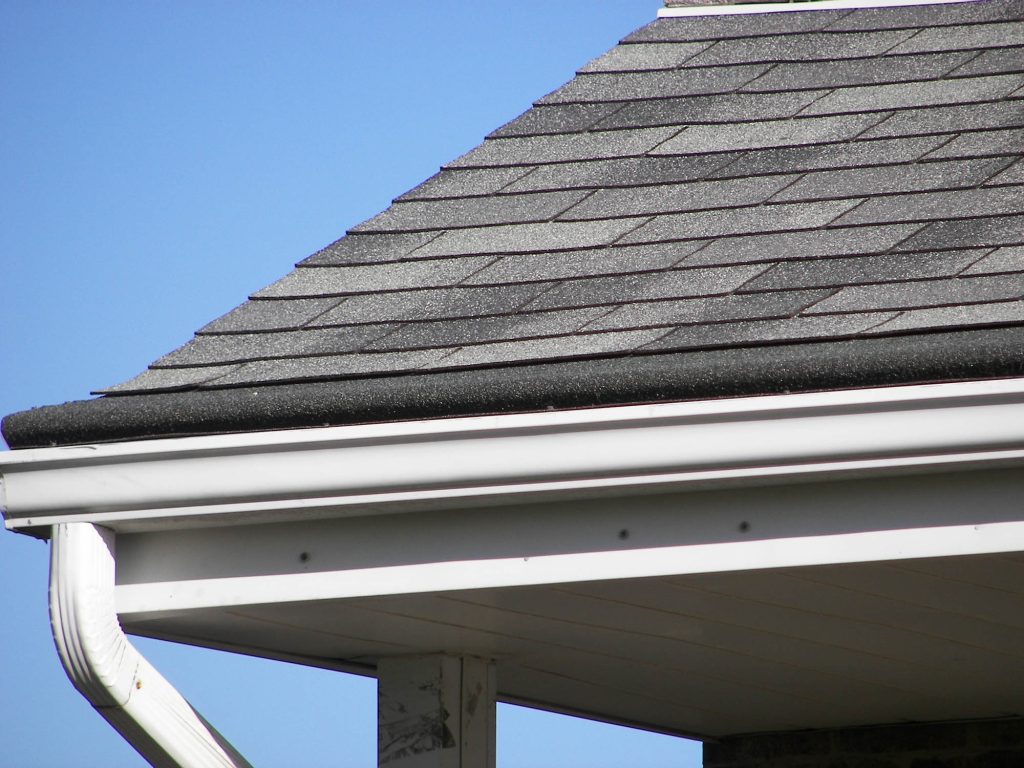 Gutter and shingle roof edge detail on a home