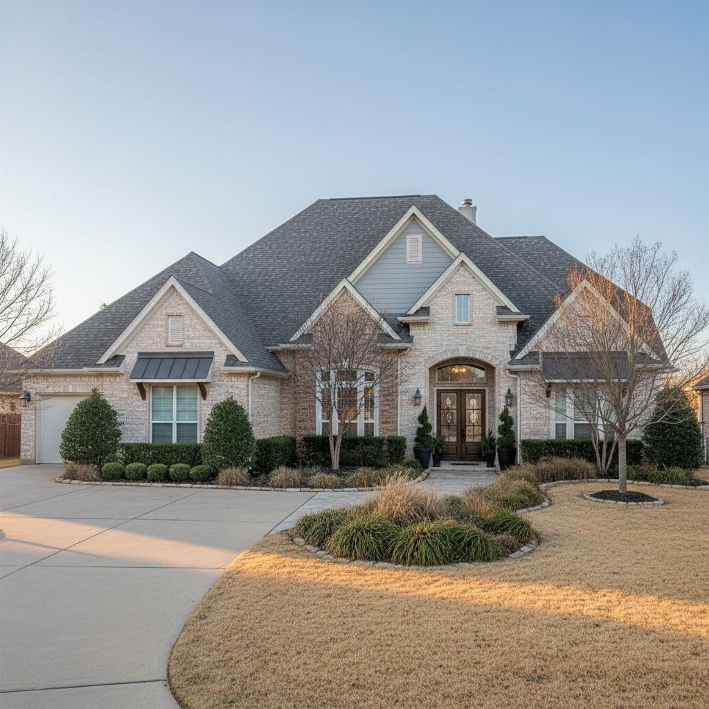 A wide shot of a beautiful suburban home in Friendswood, Texas, showing a grey shingle roof under a clear winter sky.