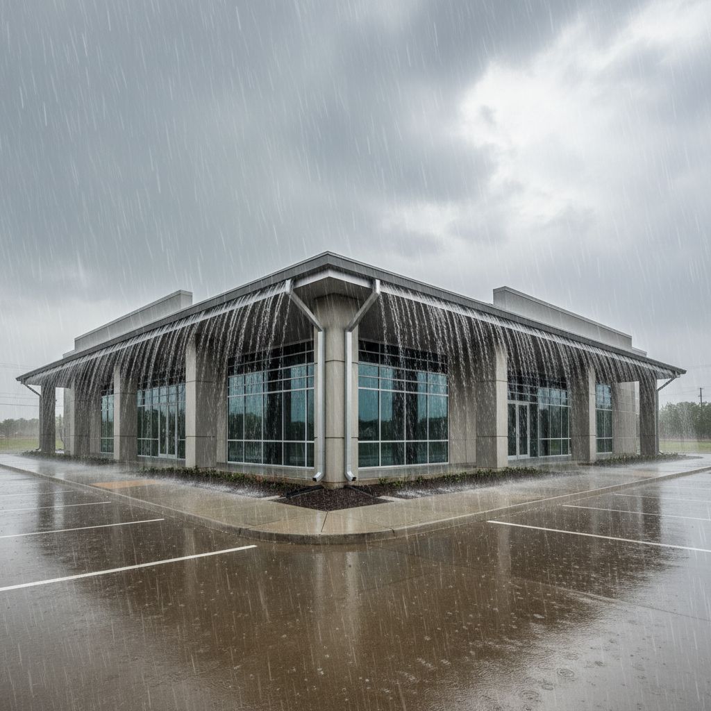 A wide-angle view of a large modern commercial building in Pearland during a rainstorm, showing water flowing efficiently through a seamless gutter system and away from the foundation.