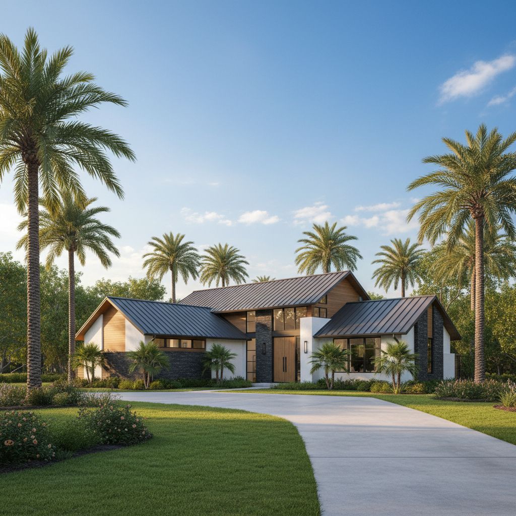 A beautiful modern home in League City featuring a sleek charcoal-colored standing seam metal roof surrounded by palm trees.