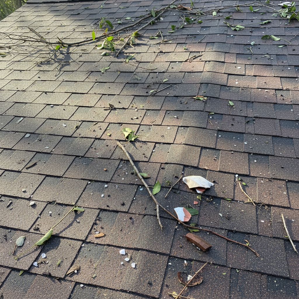 A close-up view of a shingle roof with visible hail impact marks and scattered debris after a storm.
