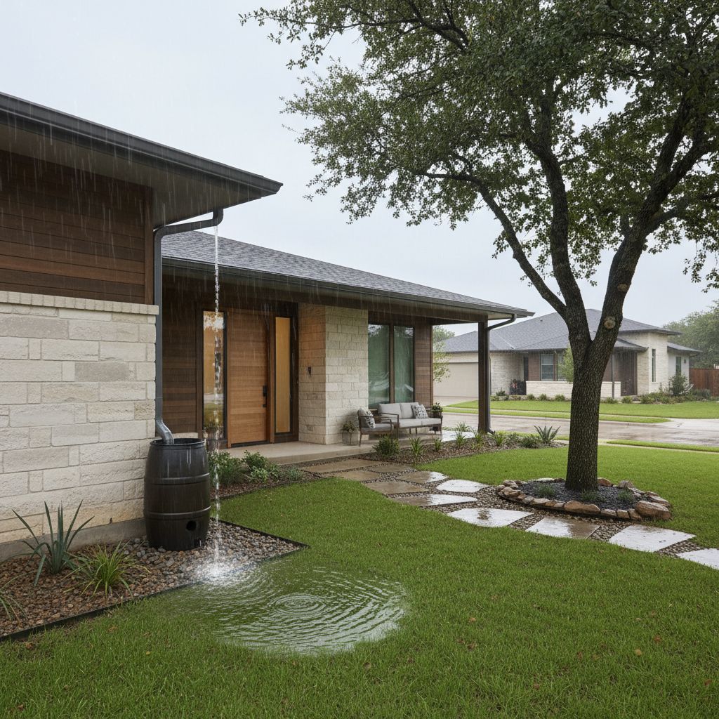 A clean, modern residential home in a suburban Texas neighborhood with well-maintained seamless gutters during a light rain shower.