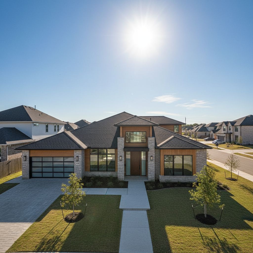 A wide shot of a modern suburban home in Alvin, Texas, featuring a sleek black rubber roof under a bright sunny sky.