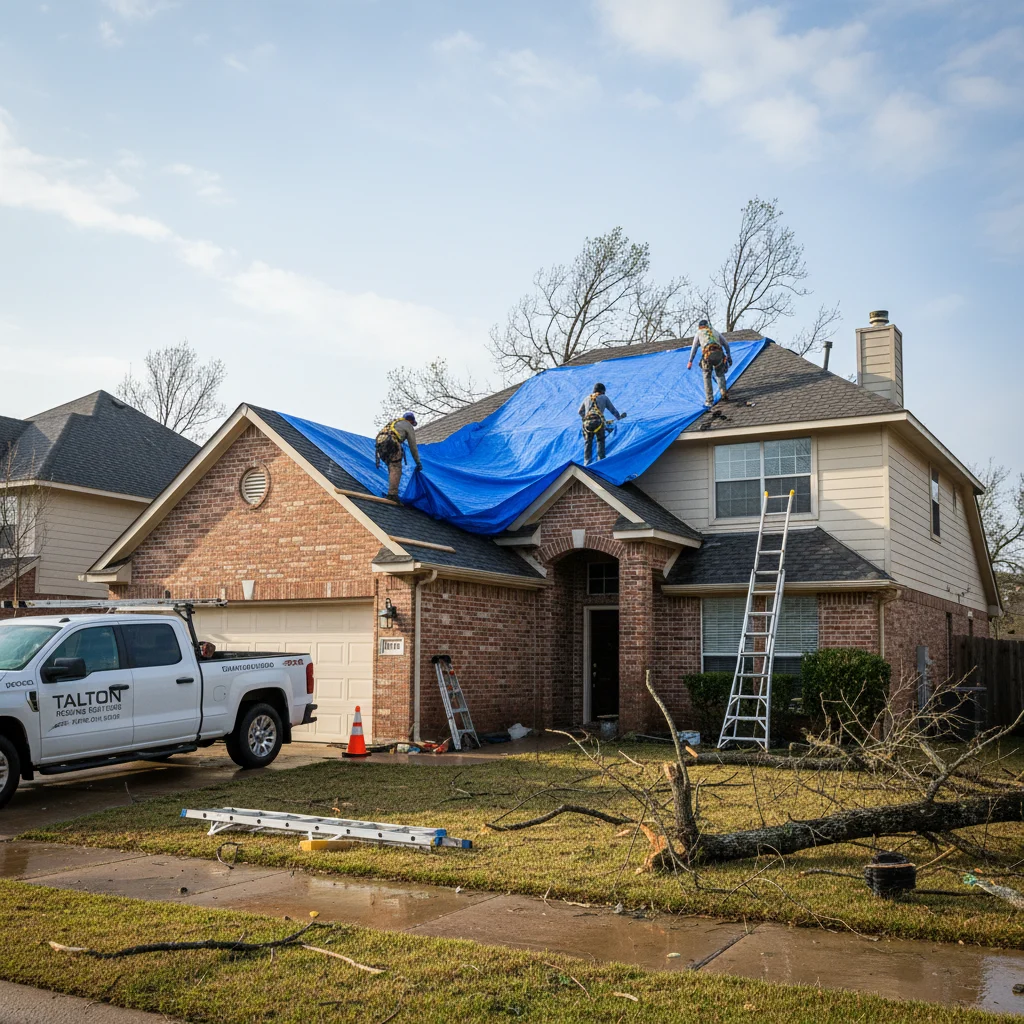A professional high-resolution photo of a suburban Texas home in the Greater Houston area during the aftermath of a storm. Roofing contractors from Talton Roofing Solutions are visible on the roof applying a heavy-duty blue waterproof tarp to a damaged section. The scene is bright daylight under a clearing sky, showing professional safety equipment and ladders. No text, no logos, no interior shots.