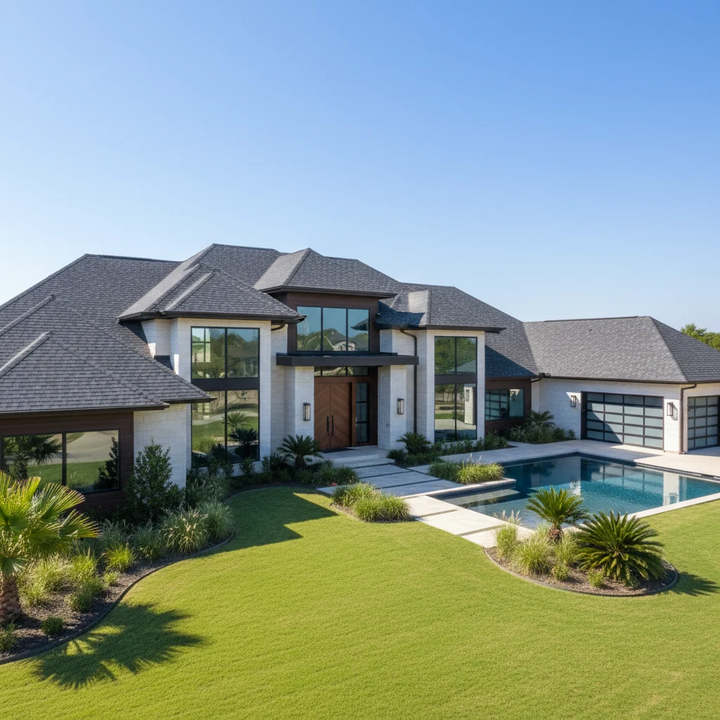A beautiful, wide-angle exterior photograph of a modern luxury residential home in Sugar Land, Texas, featuring a high-quality new asphalt shingle roof. The scene is set during a bright, sunny day with a clear blue sky. The house has manicured green lawns and professional landscaping. No people, no text, no watermarks, no competitor logos. High-resolution real estate style photography.