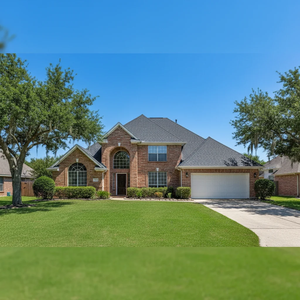 A wide-angle, high-resolution exterior shot of a beautiful suburban home in Greater Houston, Texas, featuring a newly installed dark charcoal asphalt shingle roof. The house has a brick facade and a well-manicured green lawn. The sky is clear blue with bright Texas sunlight reflecting off the clean lines of the new roof. No people, no text, no watermarks, professional architectural photography style.