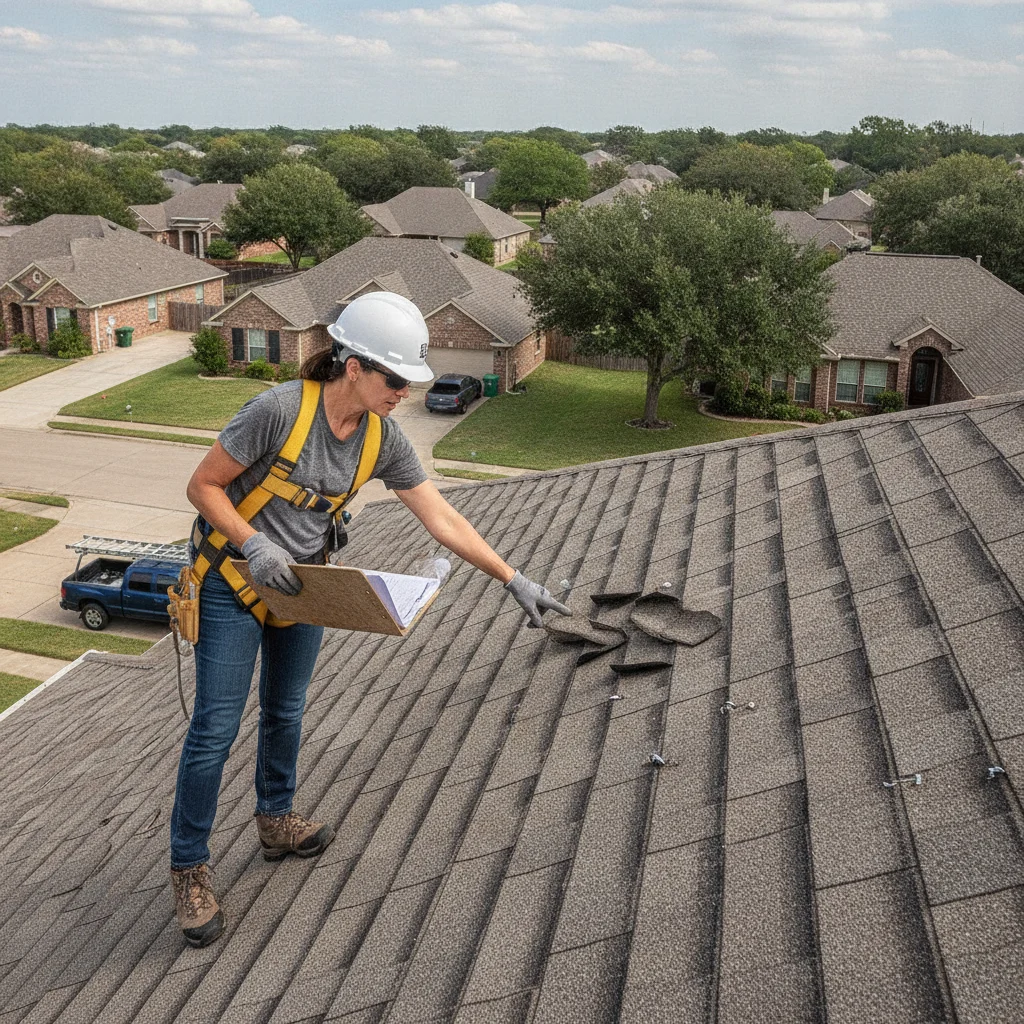A detailed, close-up shot of a professional roofing inspector on a residential roof in Friendswood, Texas, carefully examining shingles for damage. The inspector wears safety gear and holds a clipboard, pointing to a specific area. The background shows a typical Friendswood neighborhood with well-maintained homes and mature trees under a clear or slightly overcast sky.