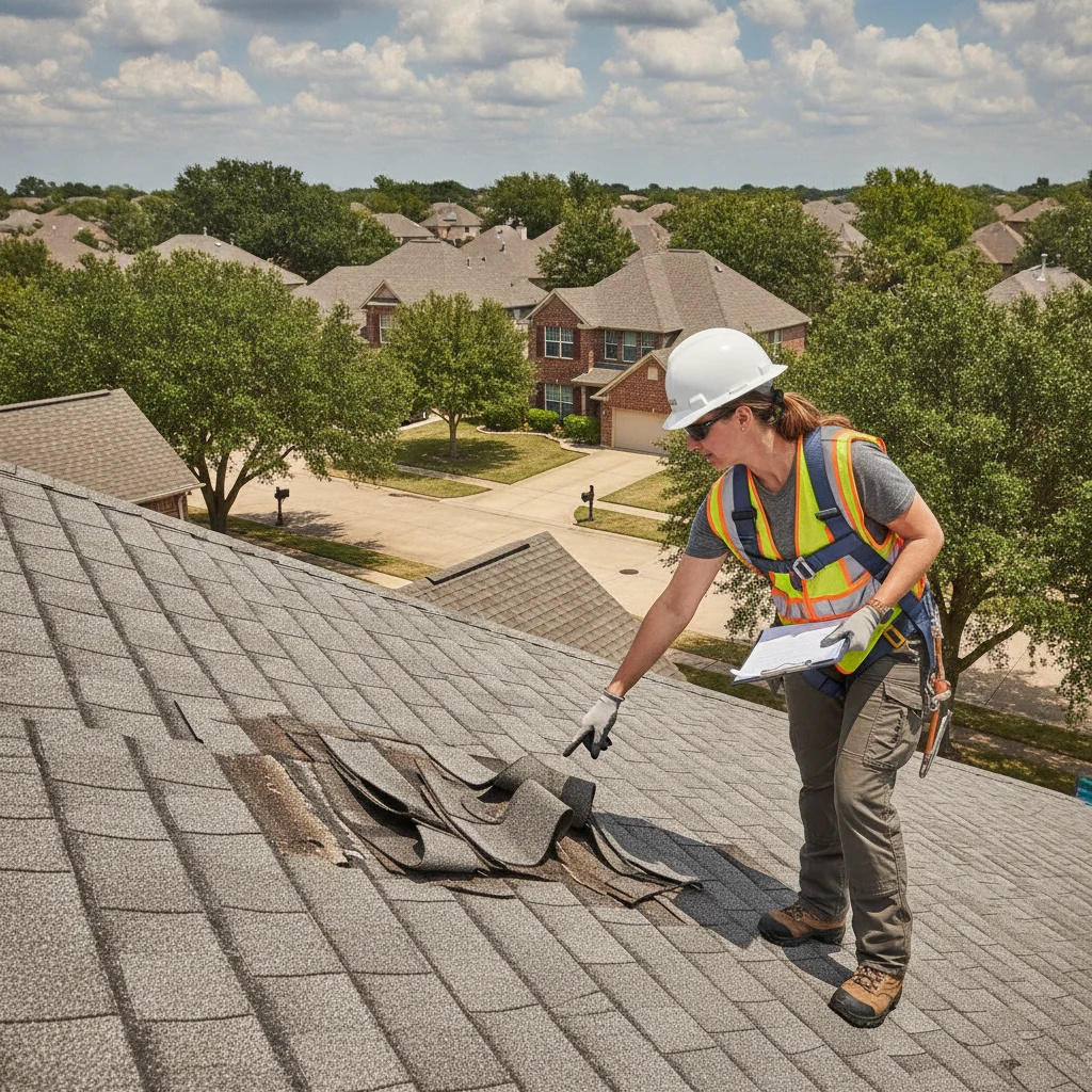 A detailed, close-up shot of a professional roofing inspector on a residential roof in Friendswood, Texas, carefully examining shingles for damage. The inspector wears safety gear and holds a clipboard, pointing to a specific area. The background shows a typical Friendswood neighborhood with well-maintained homes and mature trees under a clear or slightly overcast sky.