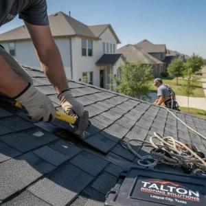 A professional roofing crew from Talton Roofing Solutions actively performing a residential roof repair on a modern home in League City, Texas. The scene should convey efficiency and reliability, with clear blue skies, safety equipment, and a well-maintained roof. Focus on the repair process, perhaps a close-up of skilled hands working on shingles or flashing, with a subtle background of a residential neighborhood.