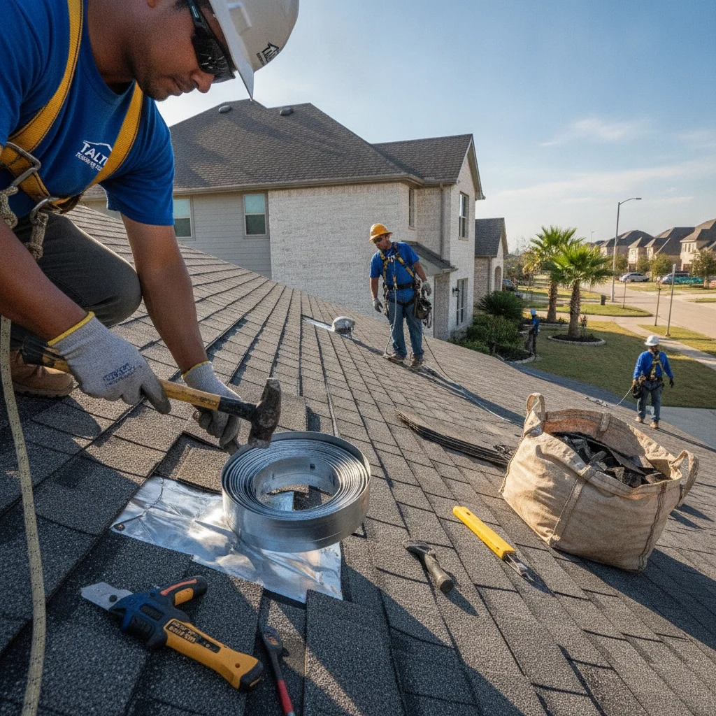 A professional roofing crew from Talton Roofing Solutions actively performing a residential roof repair on a modern home in League City, Texas. The scene should convey efficiency and reliability, with clear blue skies, safety equipment, and a well-maintained roof. Focus on the repair process, perhaps a close-up of skilled hands working on shingles or flashing, with a subtle background of a residential neighborhood.
