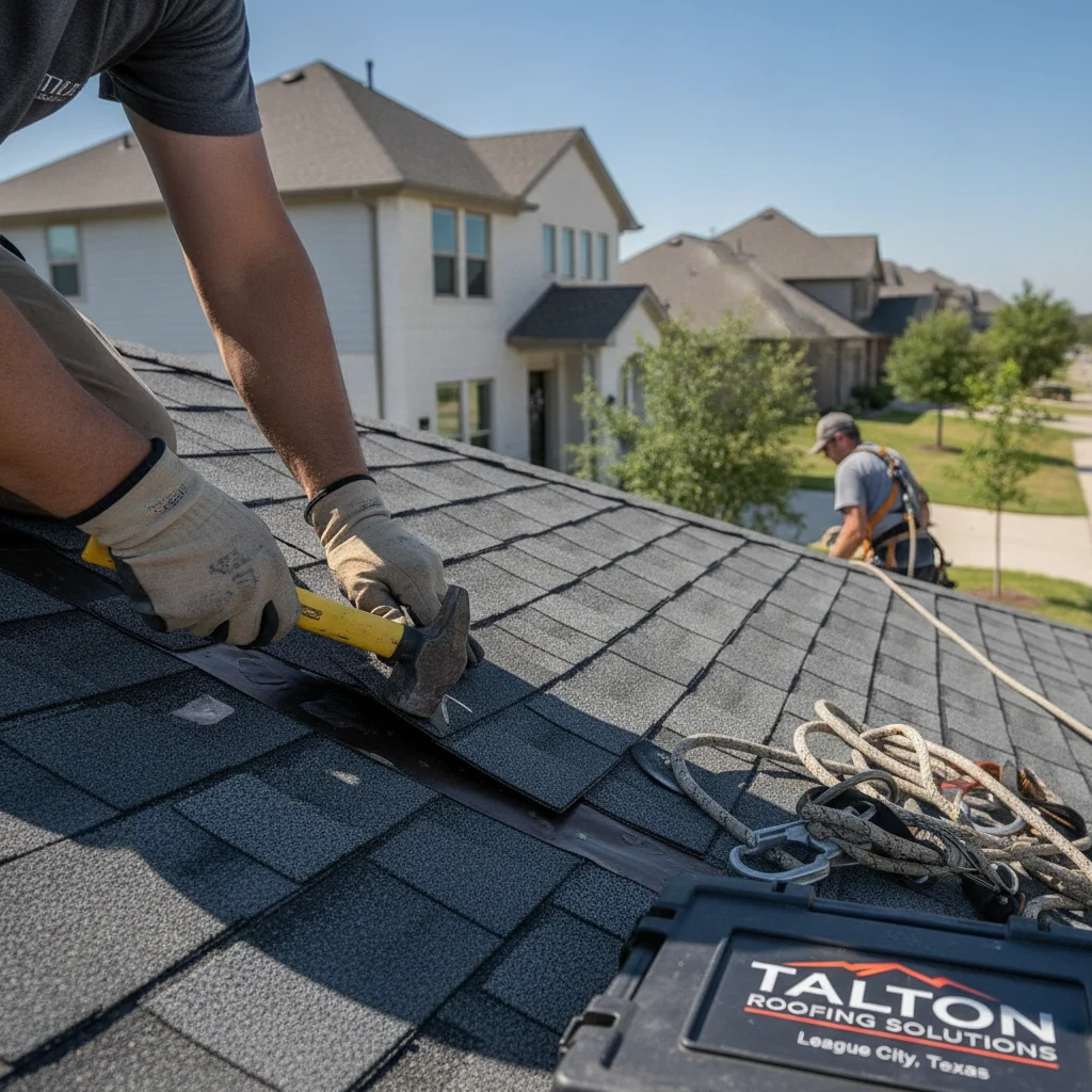 A professional roofing crew from Talton Roofing Solutions actively performing a residential roof repair on a modern home in League City, Texas. The scene should convey efficiency and reliability, with clear blue skies, safety equipment, and a well-maintained roof. Focus on the repair process, perhaps a close-up of skilled hands working on shingles or flashing, with a subtle background of a residential neighborhood.