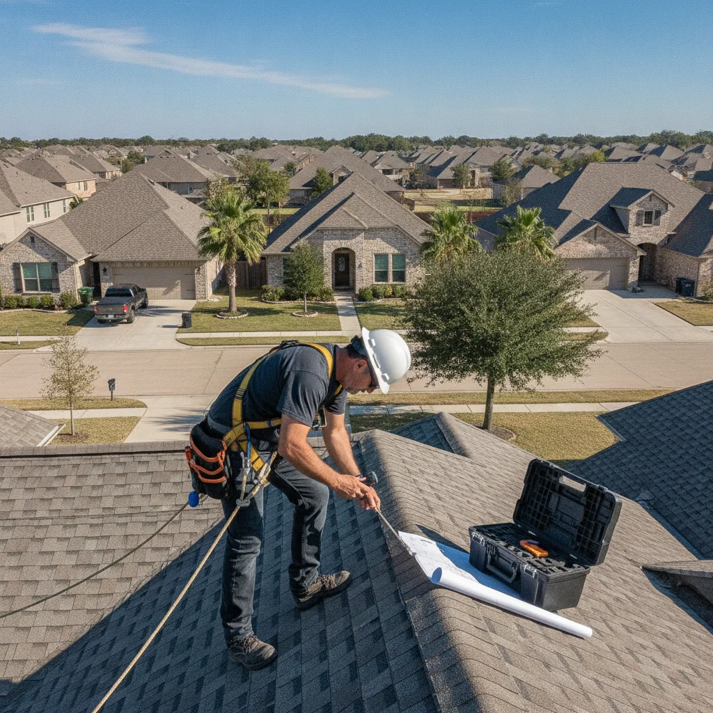 A professional roofer inspecting a residential roof in Pearland, TX, with a clear blue sky and suburban houses in the background. Focus on safety and expertise. [INLINE_IMAGE: A skilled roofer carefully inspecting the integrity of an asphalt shingle roof on a modern suburban home in Pearland, Texas, with a focus on precision and safety equipment. The background features other well-maintained homes and a clear, sunny sky.]