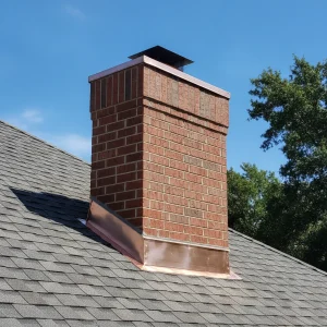 A detailed, high-resolution image of a residential roof in Brazoria County, focusing on the intersection of a brick chimney and the roofline. The chimney flashing is newly installed, made of shiny, well-sealed metal (either copper or galvanized steel), showing no signs of rust or wear. The surrounding asphalt shingles are clean and intact. The lighting is bright and natural, highlighting the quality of the workmanship. The background includes a clear blue sky and hints of green foliage, reflecting the local environment. No text overlays, no generic stock photo feel, no poorly maintained roofs.
