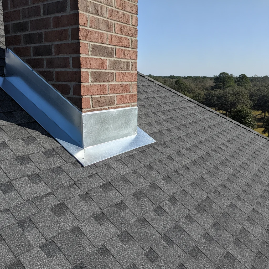 A close-up, high-angle shot of a well-maintained chimney flashing on a residential roof in Brazoria County. The flashing is new, clean copper or galvanized steel, perfectly sealed, with clear shingle lines. The background shows a clear sky and the subtle green of distant trees, typical of the Brazoria County landscape. No text in image, no fake AI renders, no poorly maintained roofs.