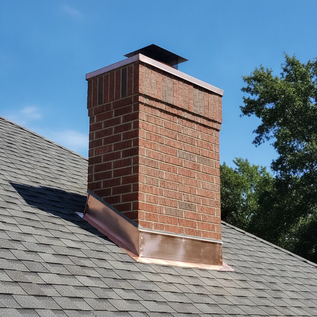 A detailed, high-resolution image of a residential roof in Brazoria County, focusing on the intersection of a brick chimney and the roofline. The chimney flashing is newly installed, made of shiny, well-sealed metal (either copper or galvanized steel), showing no signs of rust or wear. The surrounding asphalt shingles are clean and intact. The lighting is bright and natural, highlighting the quality of the workmanship. The background includes a clear blue sky and hints of green foliage, reflecting the local environment. No text overlays, no generic stock photo feel, no poorly maintained roofs.