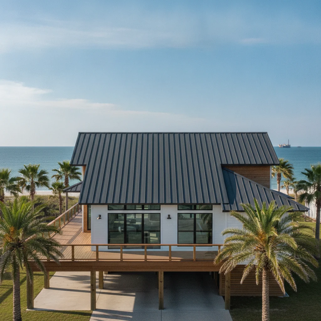 A modern coastal home in Galveston with a sleek, dark grey standing seam metal roof, clear blue sky, palm trees, and a hint of the ocean in the background. The roof should appear robust and well-integrated with the coastal architecture.