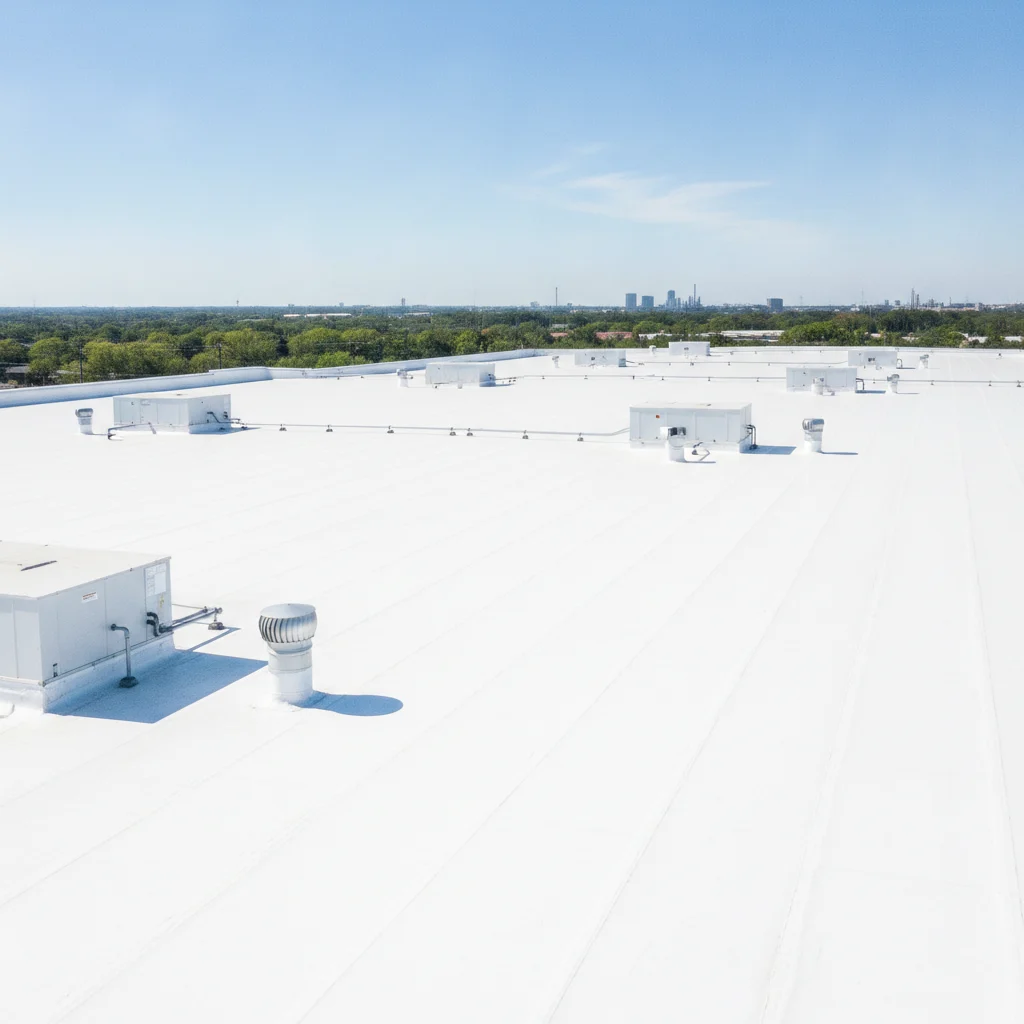 A modern, clean TPO commercial roof on a large building in Greater Houston, with a clear blue sky, showing reflective white surface. No text in image.