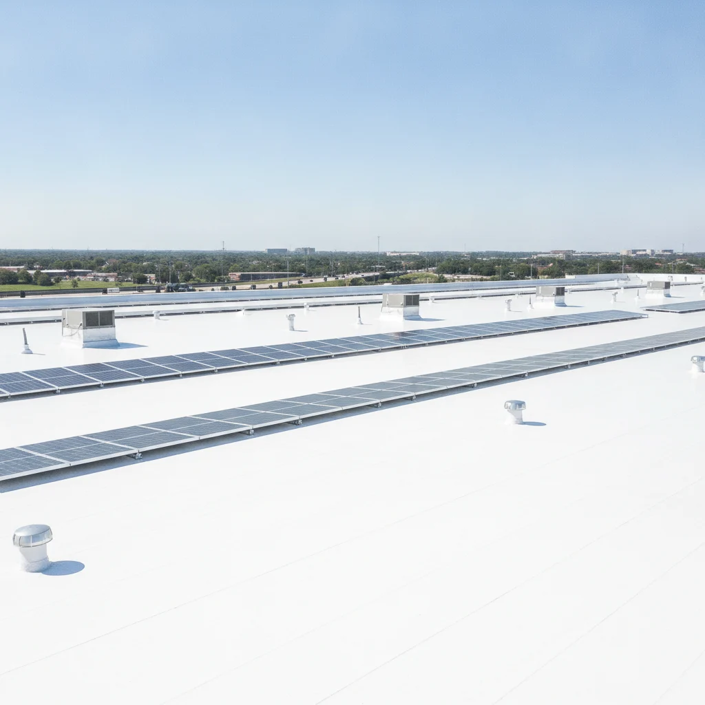 A modern, clean TPO commercial roof on a large building in Greater Houston, with a clear blue sky, showing reflective white surface. No text in image, no text overlays, no fake looking AI renders, no generic stock photos, no poorly maintained roofs.